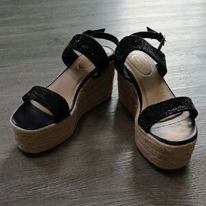 Comfort Est 1945 Black Jeweled Strap Espadrille Wedge Sandals  Sz  8M NWT